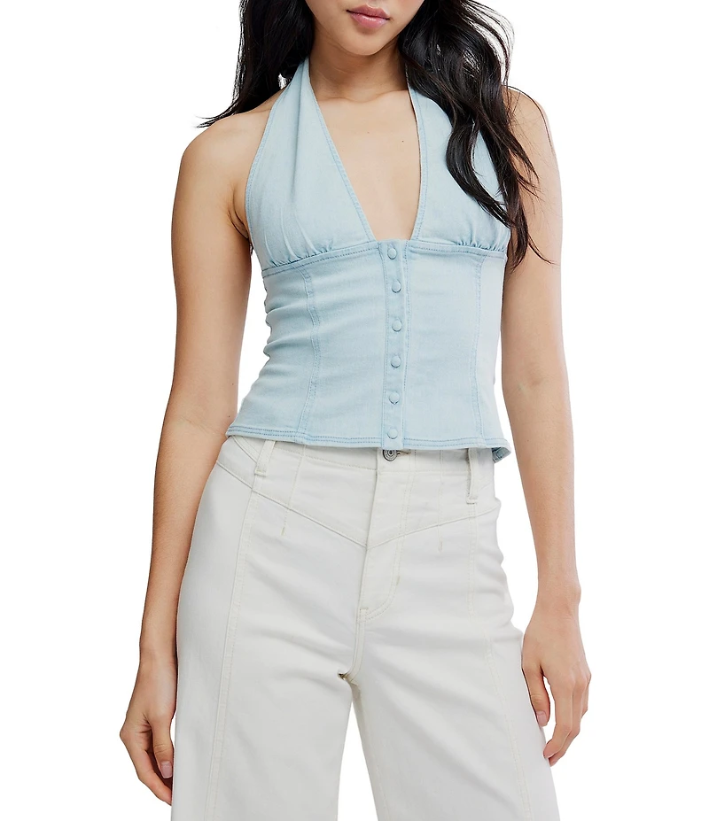 Free People Ramona Halter Neck Sleeveless Button-Front Denim Top