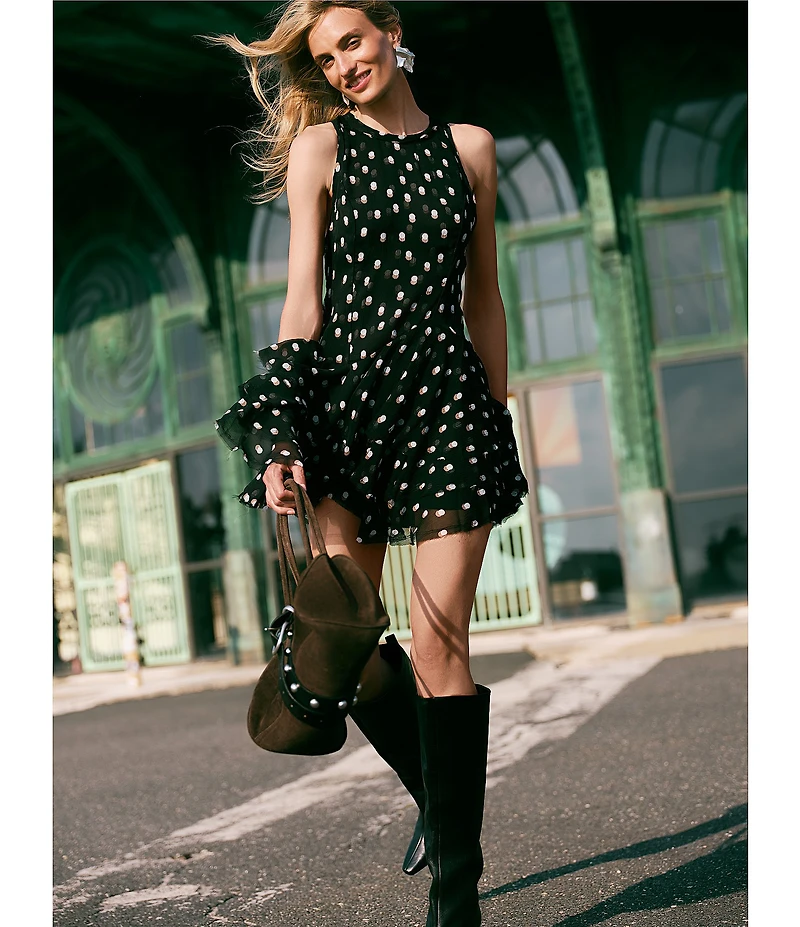 Free People Raven Dot Printed Scoop Neck Sleeveless Mini Dress