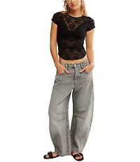 Free People Ready To Go Lace Crew Neck Cap Sleeve Tee