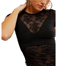 Free People Ready To Go Lace Crew Neck Cap Sleeve Tee