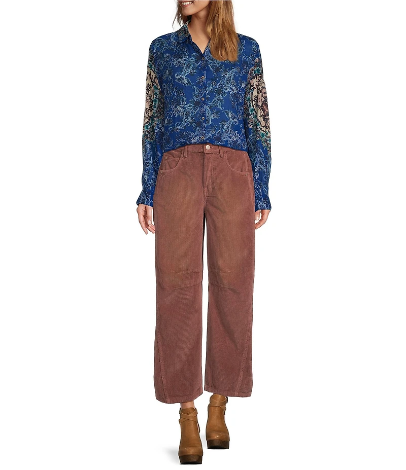 Free People Rose Bud Paisley Print Point Collar Neck Long Sleeve Button Front Blouse