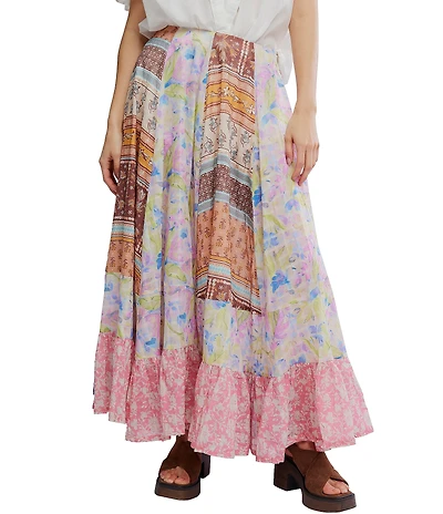 Free People Santa Eulalia Patchwork Printed Ruffle Hem A-Line Maxi Skirt