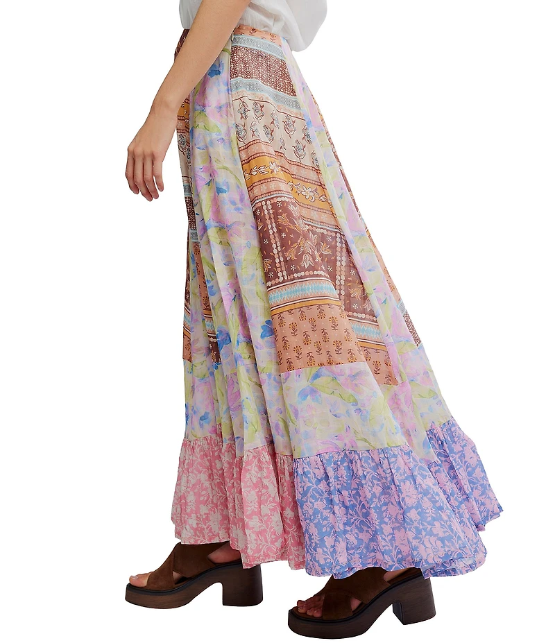 Free People Santa Eulalia Patchwork Printed Ruffle Hem A-Line Maxi Skirt