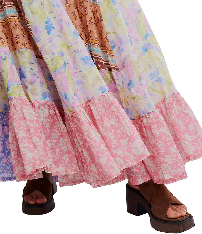 Free People Santa Eulalia Patchwork Printed Ruffle Hem A-Line Maxi Skirt