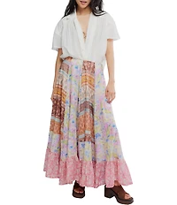 Free People Santa Eulalia Patchwork Printed Ruffle Hem A-Line Maxi Skirt