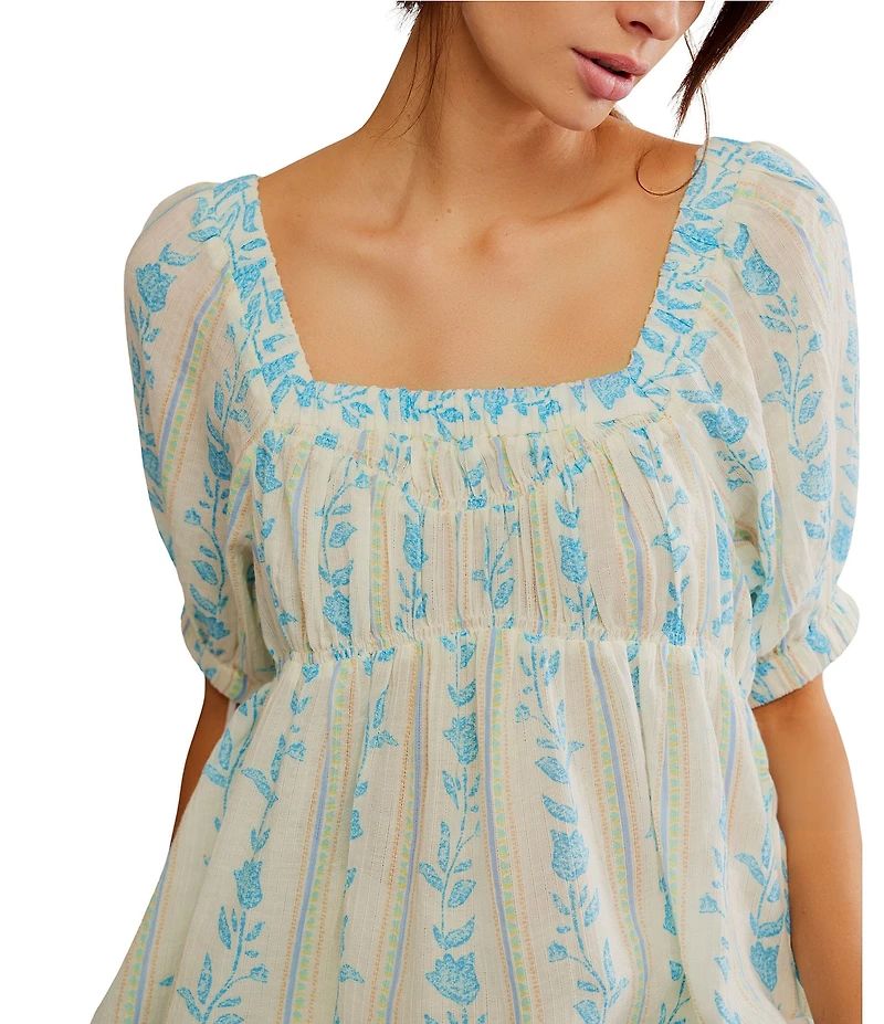 Free People Santorini Floral Printed Square Neck Short Sleeve Tunic