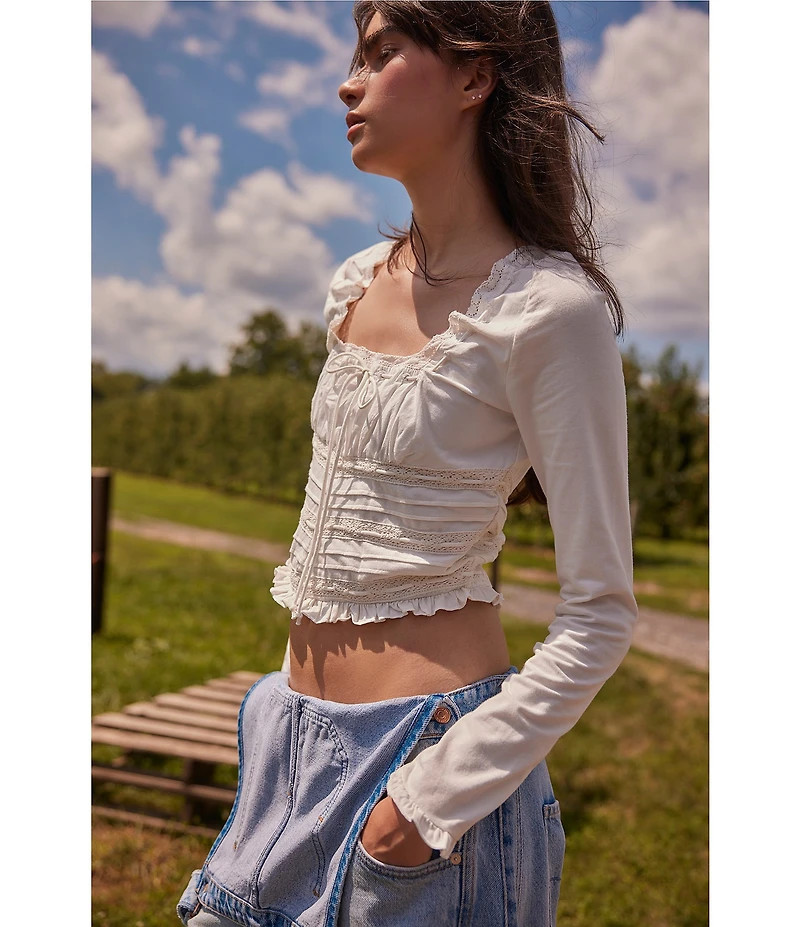 Free People Scarlet Smocked Square Neck Long Sleeve Cropped Top
