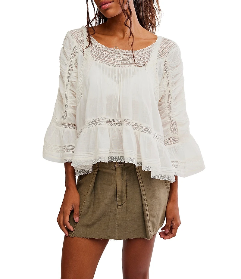 Free People She's A Romantic Boat Neck Bell Sleeve Lace Paneling Blouse