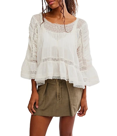 Free People She's A Romantic Boat Neck Bell Sleeve Lace Paneling Blouse