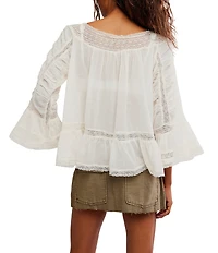Free People She's A Romantic Boat Neck Bell Sleeve Lace Paneling Blouse