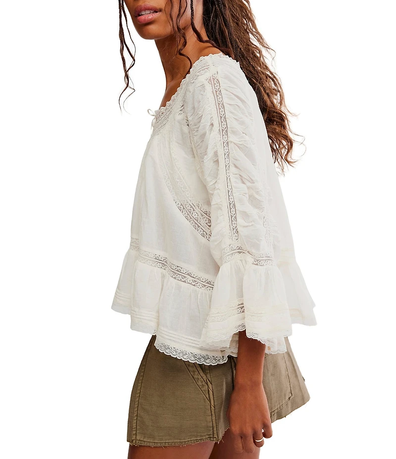 Free People She's A Romantic Boat Neck Bell Sleeve Lace Paneling Blouse