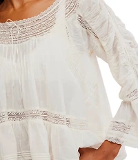 Free People She's A Romantic Boat Neck Bell Sleeve Lace Paneling Blouse