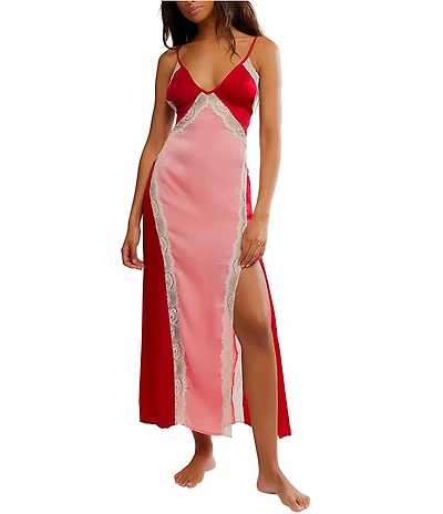 Free People Some Kind Of Love Sleeveless V-Neck Woven Satin Colorblocked Maxi Slip