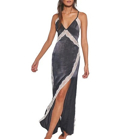 Free People Some Kind Of Love Sleeveless V-Neck Woven Satin Colorblocked Maxi Slip