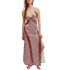 Free People Some Kind of Love Sleeveless V-Neck Woven Satin Striped Maxi Slip