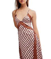 Free People Some Kind of Love Sleeveless V-Neck Woven Satin Striped Maxi Slip