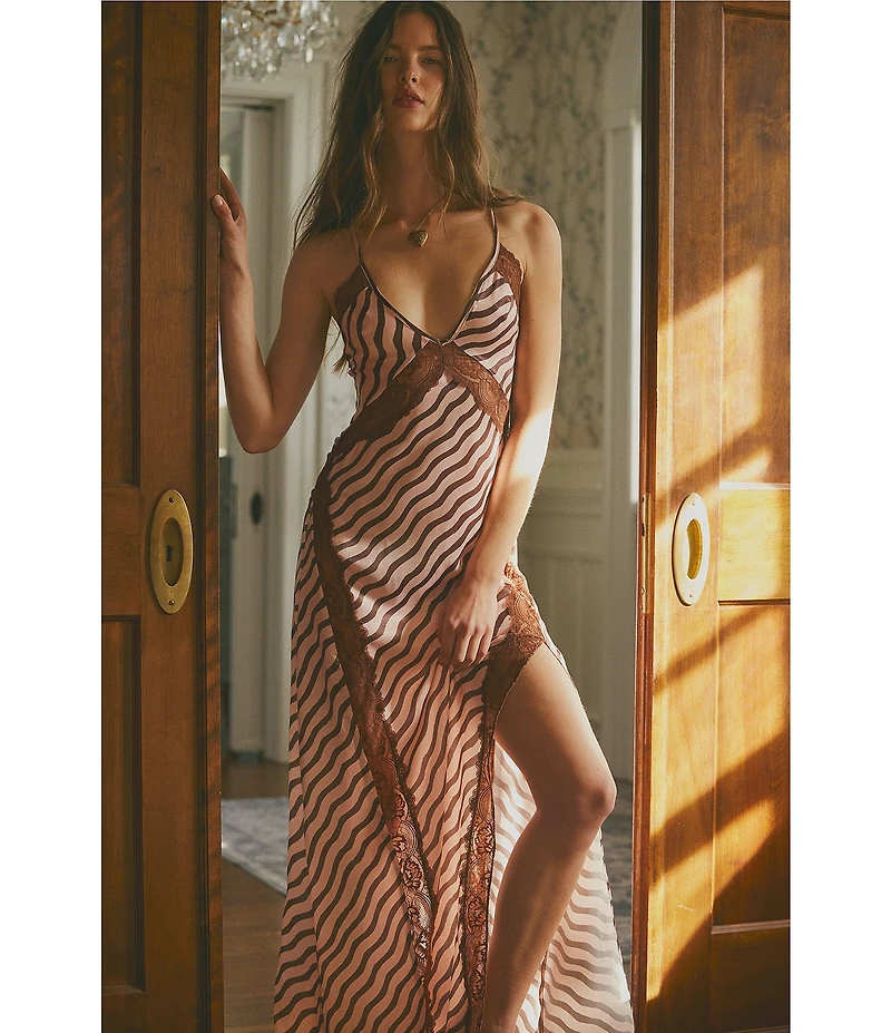 Free People Some Kind of Love Sleeveless V-Neck Woven Satin Striped Maxi Slip