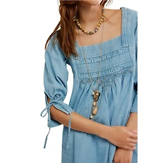 Free People Sonora Square-Neck Long Sleeve Denim Mini Dress