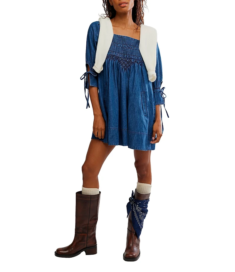 Free People Sonora Square Neck Long Sleeve Denim Baby Doll Mini Dress