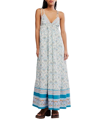 Free People Sorrento Stroll Printed V-Neck Sleeveless Empire Waist Maxi Dress
