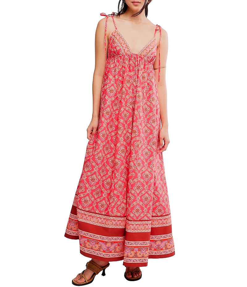 Free People Sorrento Stroll Printed V-Neck Sleeveless Empire Waist Maxi Dress