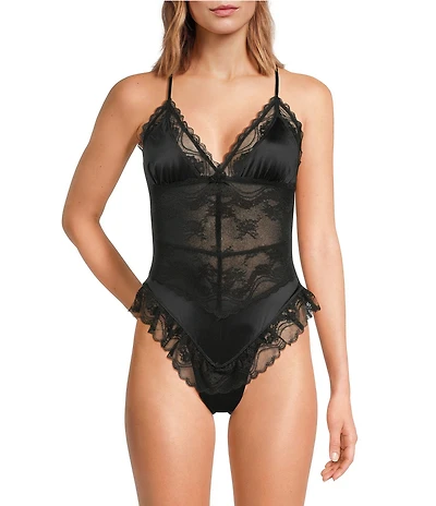 Free People Staying Home Satin & Lace V-Neck Bodysuit