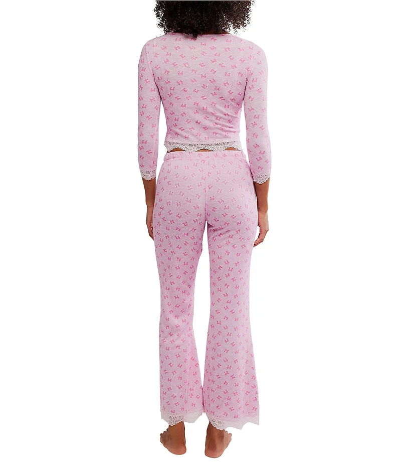 Free People Stolen Dance Bow Print 3/4 Sleeve Henley Top & Pant Knit Pajama Set