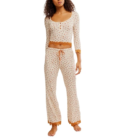 Free People Stolen Dance Knit 3/4 Sleeve Henley Top & Pant Floral Pajama Set