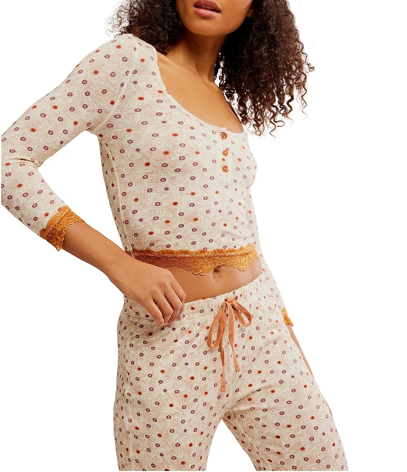 Free People Stolen Dance Knit 3/4 Sleeve Henley Top & Pant Floral Pajama Set