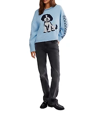 Free People Story Book Animal Printed Crew Neck Long Sleeve Sweater