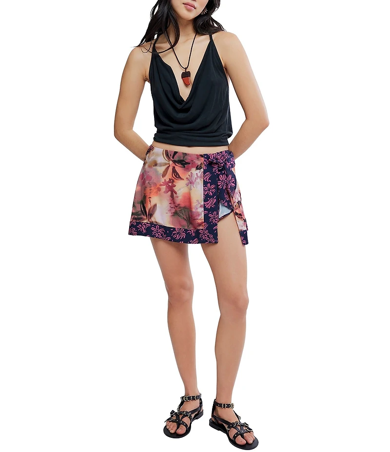 Free People Sun Soaked Floral Printed Mid-Rise Sarong Mini Skort