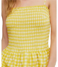 Free People Sundance Gingham Print Square Neck Sleeveless Peplum Hem Tank Top