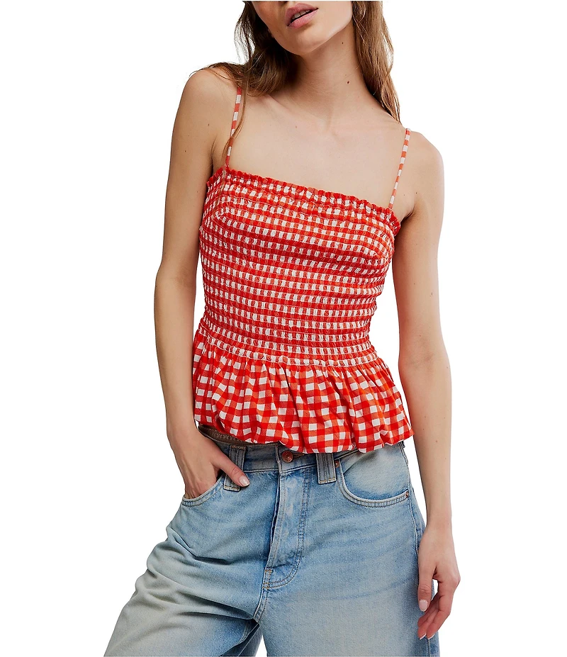 Free People Sundance Gingham Print Square Neck Sleeveless Peplum Hem Tank Top