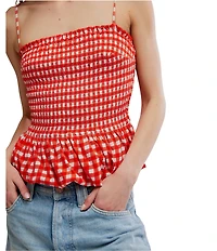 Free People Sundance Gingham Print Square Neck Sleeveless Peplum Hem Tank Top