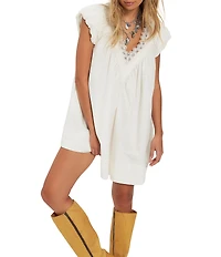 Free People Sundazed V-Neck Puff Sleeve A-Line Mini Dress