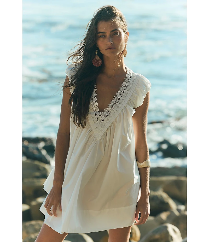 Free People Sundazed V-Neck Puff Sleeve A-Line Mini Dress