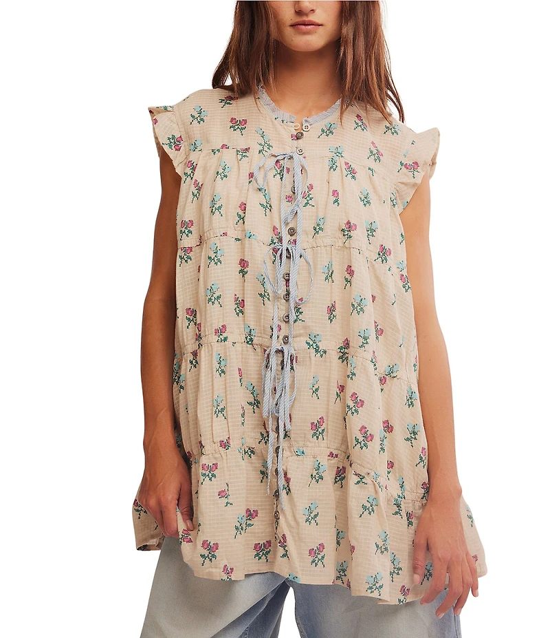 Free People Sundown Floral Print Split Neck Cap Sleeve Mini Babydoll Dress