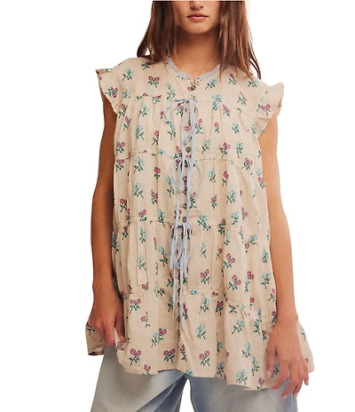 Free People Sundown Floral Print Split Neck Cap Sleeve Mini Babydoll Dress