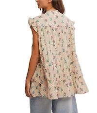 Free People Sundown Floral Print Split Neck Cap Sleeve Mini Babydoll Dress