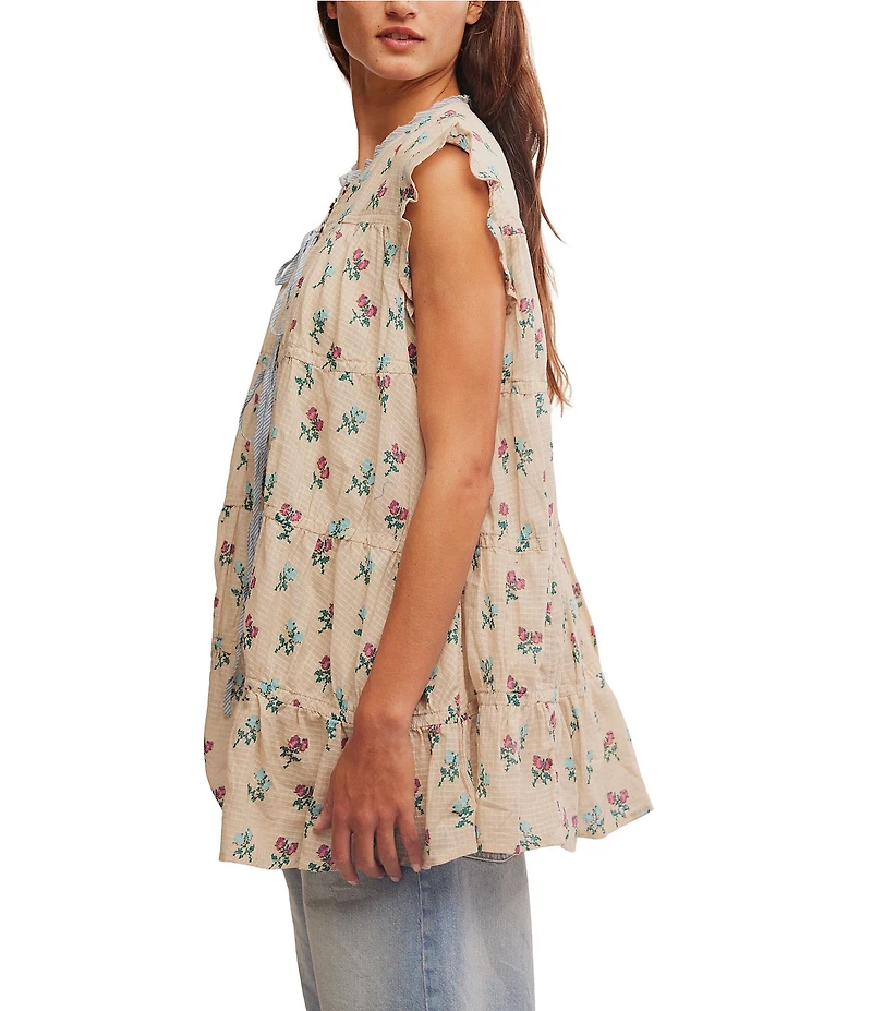 Free People Sundown Floral Print Split Neck Cap Sleeve Mini Babydoll Dress