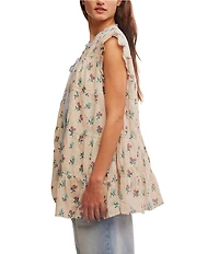 Free People Sundown Floral Print Split Neck Cap Sleeve Mini Babydoll Dress