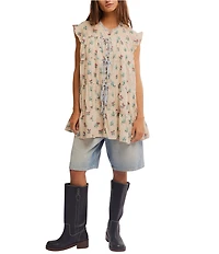 Free People Sundown Floral Print Split Neck Cap Sleeve Mini Babydoll Dress