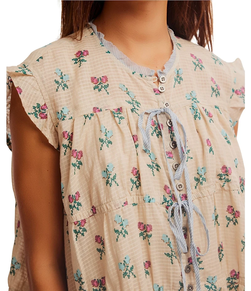 Free People Sundown Floral Print Split Neck Cap Sleeve Mini Babydoll Dress