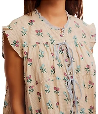 Free People Sundown Floral Print Split Neck Cap Sleeve Mini Babydoll Dress