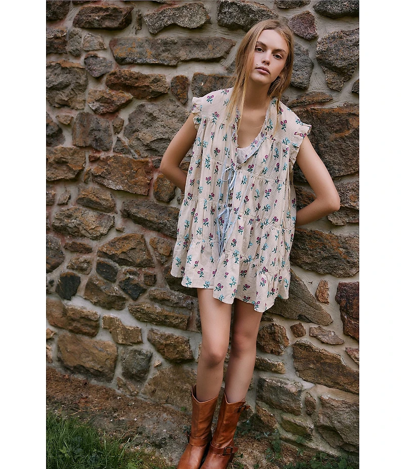 Free People Sundown Floral Print Split Neck Cap Sleeve Mini Babydoll Dress