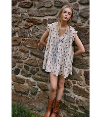 Free People Sundown Floral Print Split Neck Cap Sleeve Mini Babydoll Dress