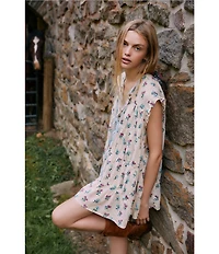 Free People Sundown Floral Print Split Neck Cap Sleeve Mini Babydoll Dress