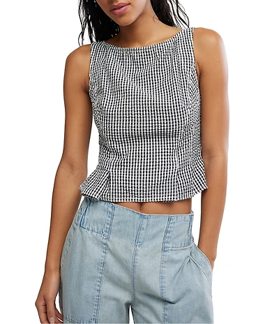 Free People Sunfaded Gingham Printed Boat Neck Sleeveless Peplum Top
