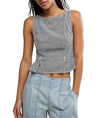 Free People Sunfaded Gingham Printed Boat Neck Sleeveless Peplum Top