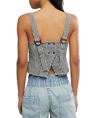 Free People Sunfaded Gingham Printed Boat Neck Sleeveless Peplum Top